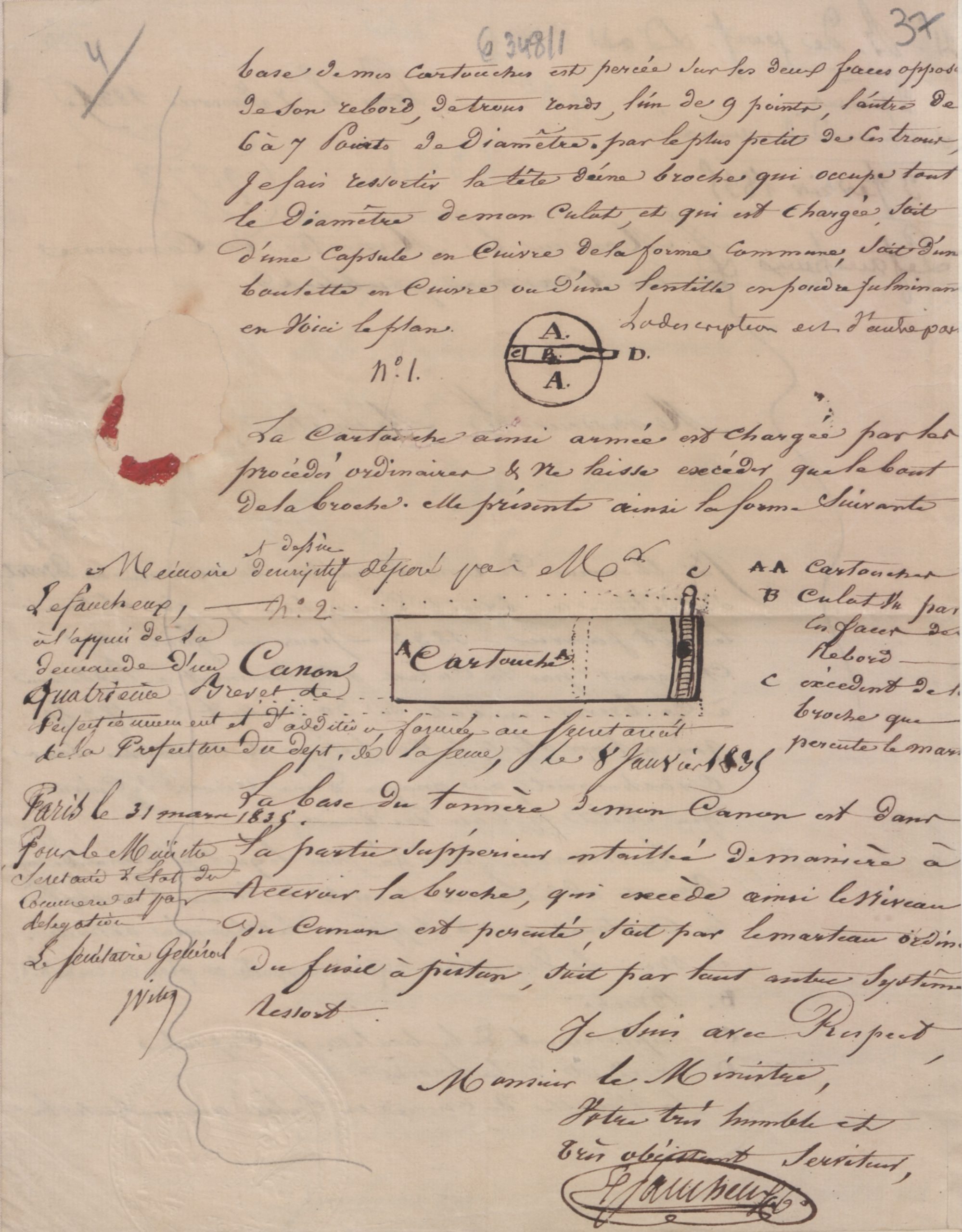 Lefaucheux Patent for the pinfire cartridge from the French Patent and Trademark Office (INPI)