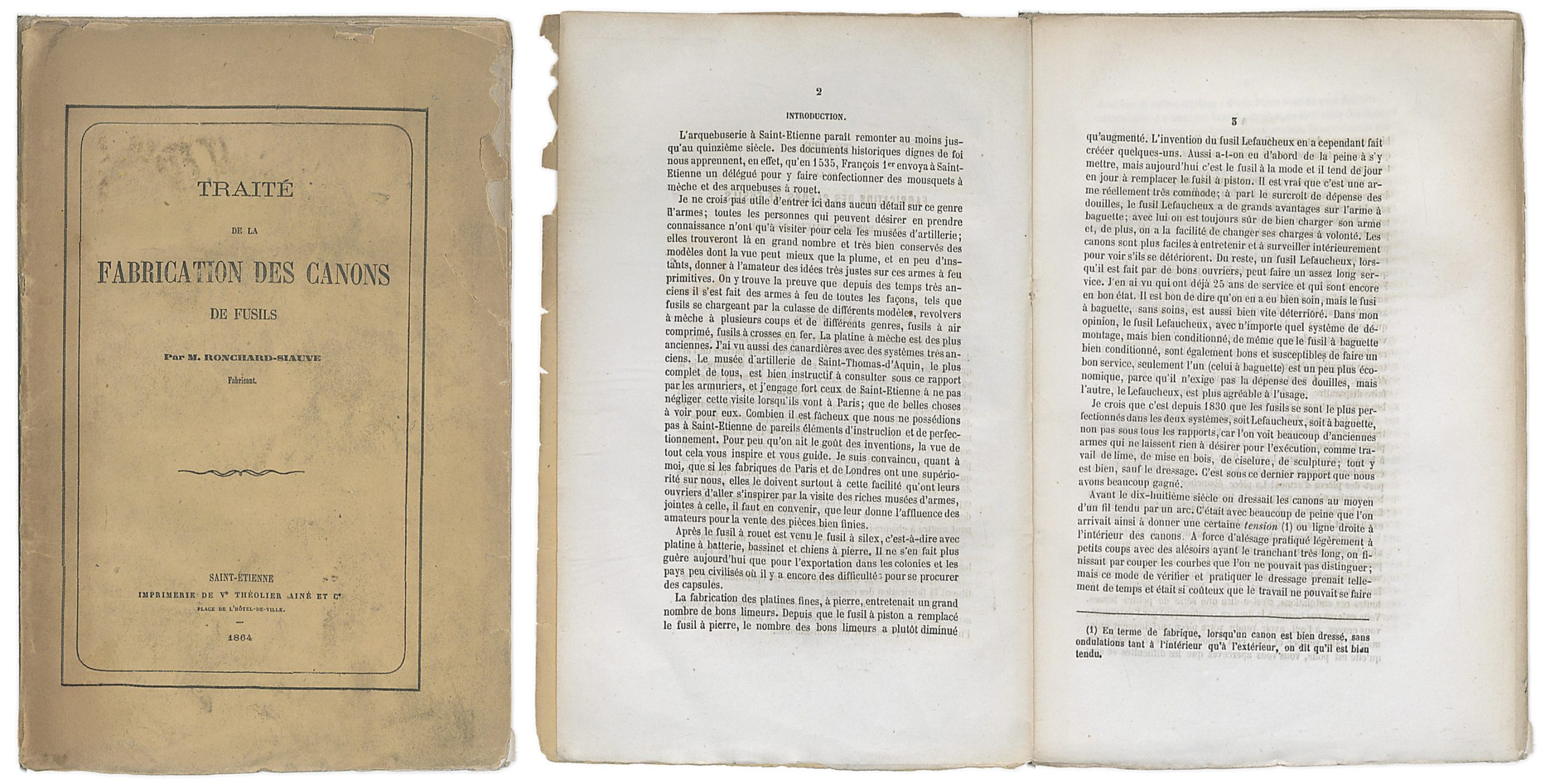 Cover and interior pages of Traité de la fabrication des canons de fusil (1864), written by Fleury Ronchard-Siauve in Saint-Étienne. This rare gunsmithing manual offers firsthand insight into 19th-century French barrel-making and the evolving techniques that accompanied breechloading firearms like the Lefaucheux.