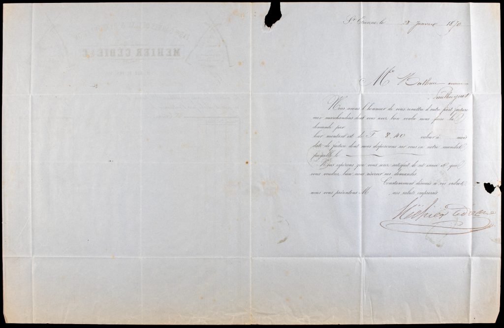 Mehier Cédie & Cie – 1870 Invoice and Letter for Lefaucheux-Type Double Barrel Shotgun