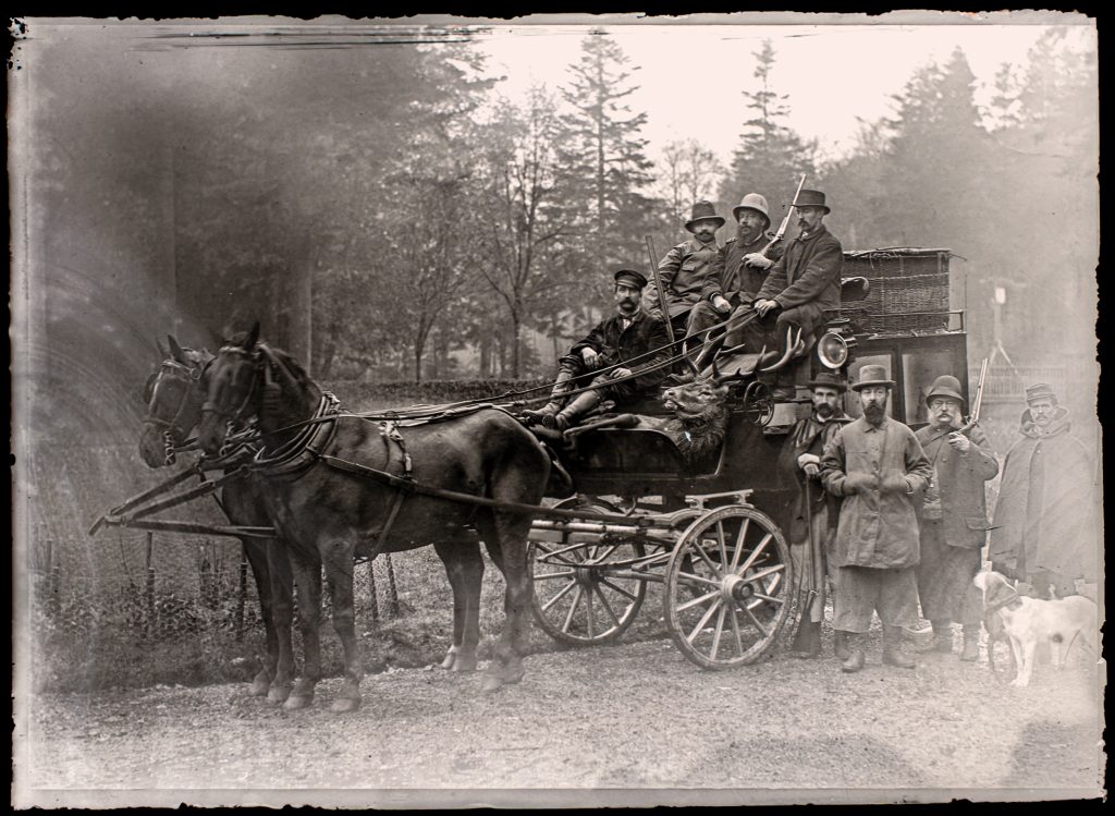 Return with the Stag: The party crowds a four‑wheeled brake with trophy and pinfires.