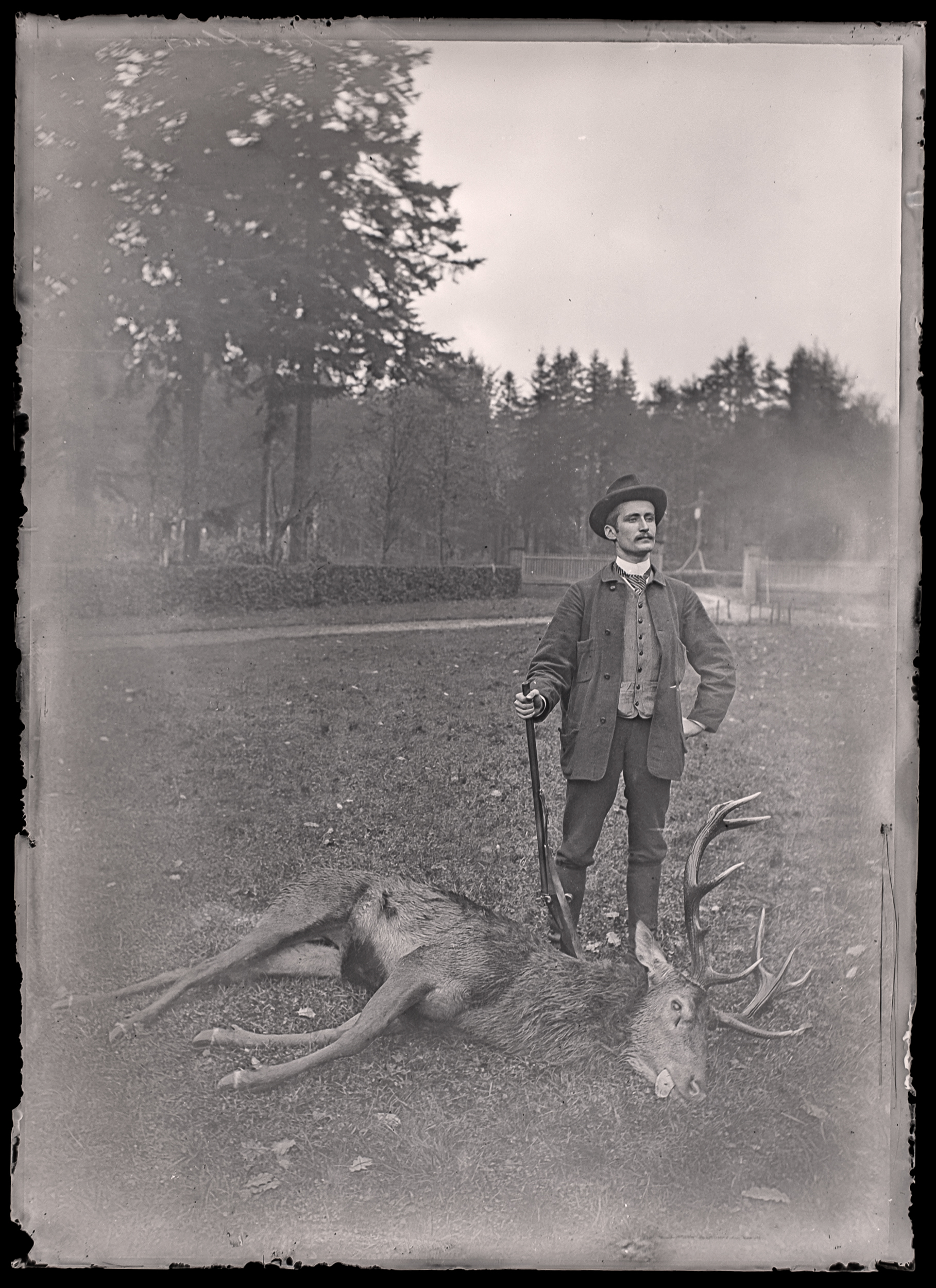 Stag Brought to Ground: A sportsman marks the close of the drive with a red deer and a pinfire