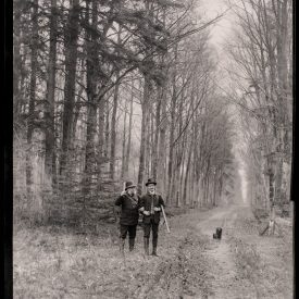 Pause on the Allée: Two friends and their spaniel linger on a straight forest avenue.